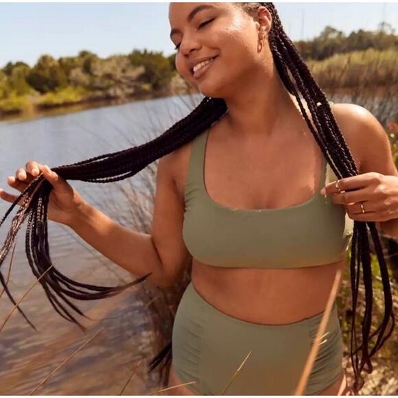aerie Other - Aerie Women’s Sz Large Wide Strap Scoop Bikini Top Olive Green Stretch NWT